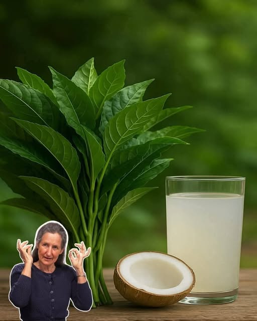 Imagen de un vaso de agua de coco y hojas verdes