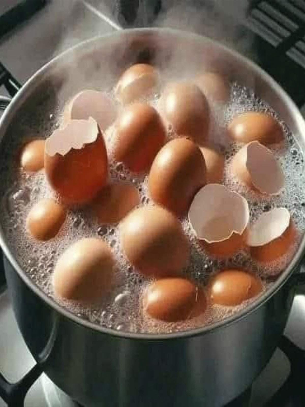 Olla hirviendo con huevos y cáscaras