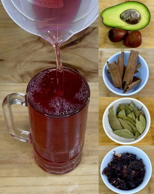 Bebida natural de aguacate, flor de jamaica, canela y laurel
