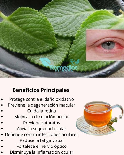 Hojas de menta junto a un ojo irritado y una taza de té
