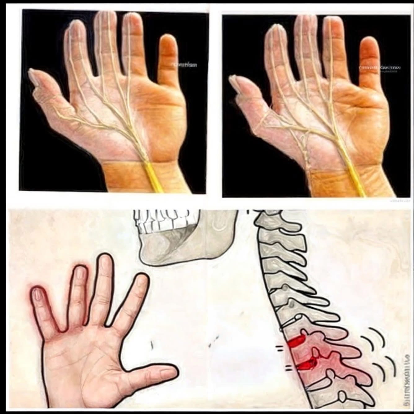 Diagramas del sistema nervioso en la mano y la columna vertebral