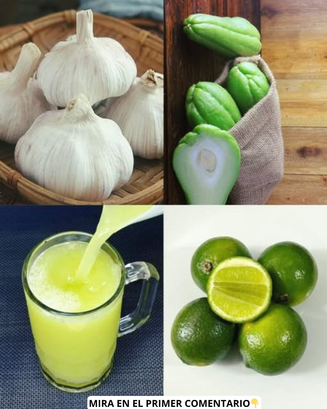 Composición de alimentos naturales: ajo, chayote, jugo y limones