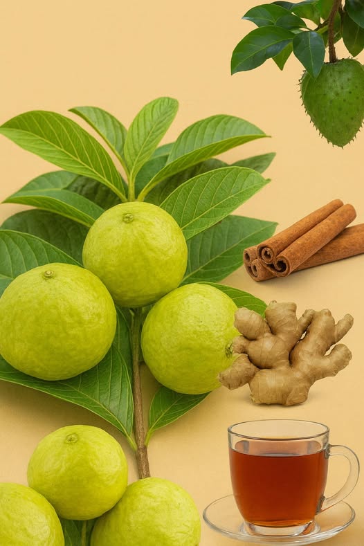 Ingredientes naturales para té de guayaba, guanábana, canela y jengibre