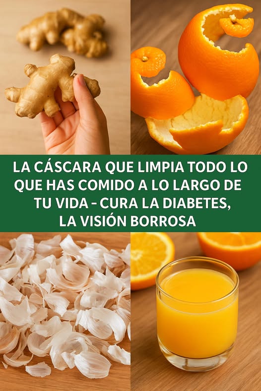 Ingredientes naturales como jengibre, cáscara de naranja, ajo y un vaso de jugo de naranja