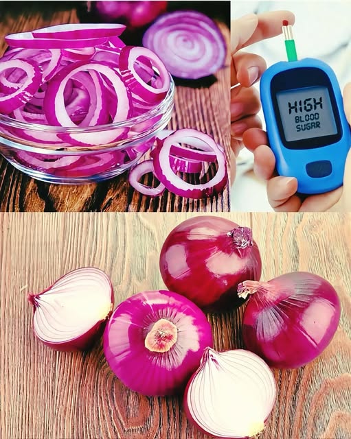 Cebolla morada y medidor de glucosa en sangre