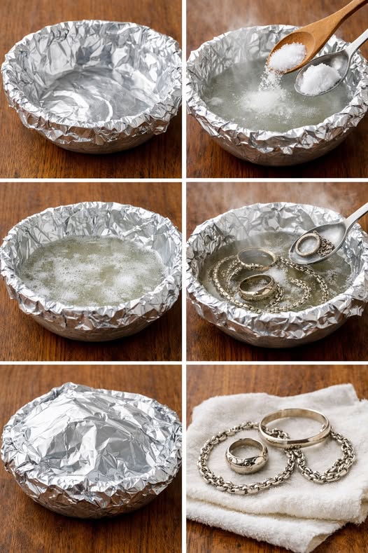 Proceso de limpieza de joyas con papel de aluminio y sal